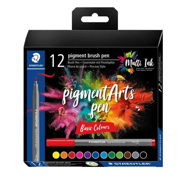 STAEDTLER 371 - Penselpenna och fiberpennsats - permanent - blandade färger - pigmentbläck - 12 delar