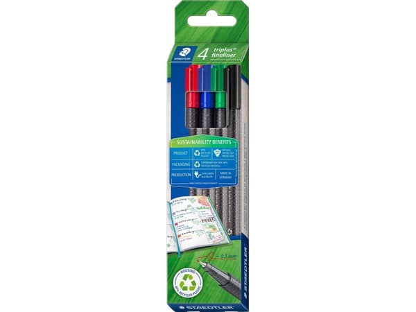 Staedtler 334 RC4, Sort, Blå, Grønn, Rød, Fint, Flerfarget, Polypropylen (PP), Resirkulert plast, Trekant, Vann-basert blekk