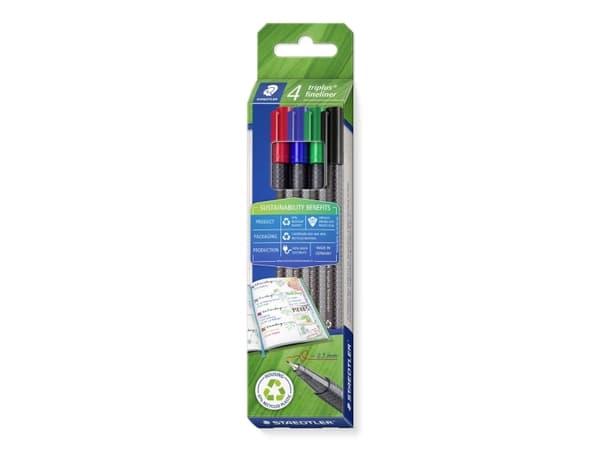 Staedtler 334 RC4, Svart, Blå, Grön, Röd, Fin, Multifärg, Polypropylen (PP), Återvunnen plast, Triangel, Vattenbaserat bläck