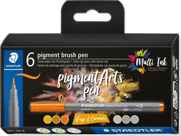 Staedtler Pigment Arts Brush Pen Greys & Caramels, 6 farger, Brun, Grå, Rund, Plast, Polypropylen (PP), Vann-basert blekk, Barn og voksne