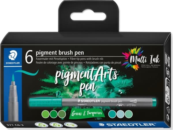 Staedtler Pigment Arts Brush Pen Greens & Turquoises, 6 farger, Grønn, Turkis, Rund, Plast, Polypropylen (PP), Vann-basert blekk, Barn og voksne