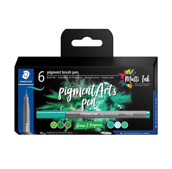 Staedtler Pigment Arts Brush Pen Greens & Turquoises, 6 farger, Grønn, Turkis, Rund, Plast, Polypropylen (PP), Vann-basert blekk, Barn og voksne