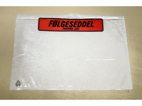 Følgeseddellomme i genbrugsplast C5 m/tryk 235x175mm 1000stk/kar Plast40/Plast20/Papir48