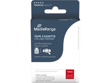 MEDIARANGE tapekassett hvit på rød 8m x 12mm - tape