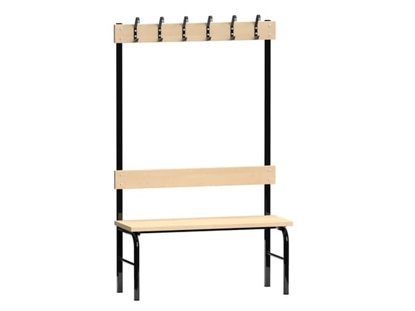 Klädhängare Enkelsidig, svart furuklädhängare och sittbänk, bredd 1000 mm