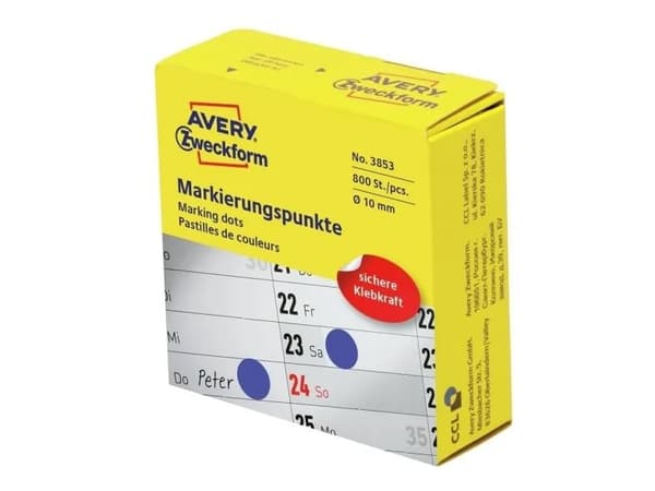 Avery 3853, Blå, Rund, Permanent, Universal, papper, 1 cm