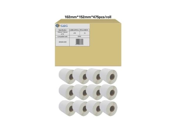 G&G Mærkatrulle 102 x 152 mm Papir Hvid 12 Rollen Permanent vedhæftningsevne RL-P-S2011-102*152*475-BK/WT Universelle etiketter