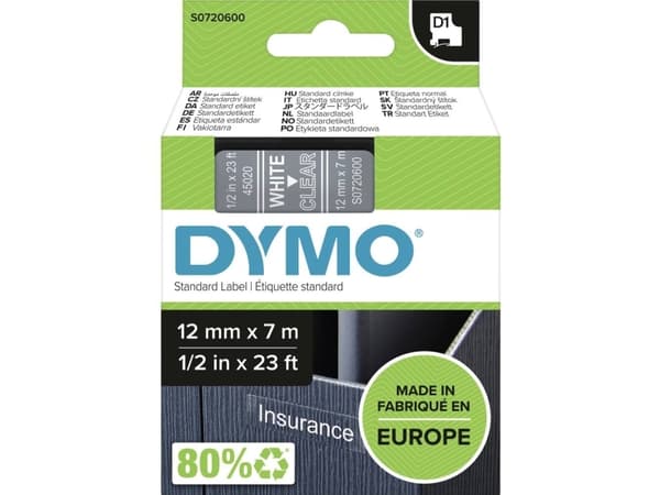 DYMO D1 - vakiopolyesteritarrat - Valkoinen läpinäkyvällä -12mm x 7m, Valkoinen läpinäkyvällä, Polyesteri, Belgia, -18 - 90 °C, DYMO, LabelManager, L