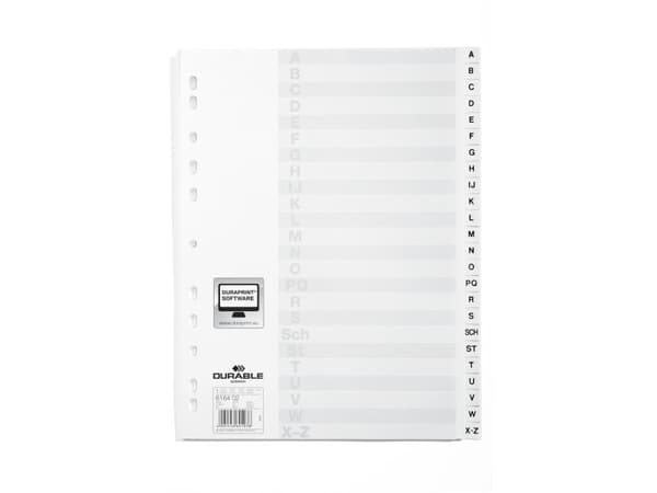 Durable 6164-02, Alfabetisk faneindeks, Polypropylen (PP), Hvit, Portrett, A4, 230 mm