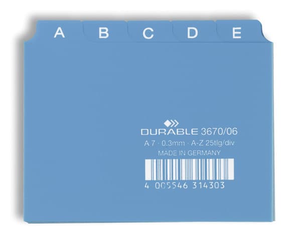 Durable 367006, Kirjainvälilehti, PVC-muovi, Sininen, A7, 0.3 mm, 105 mm