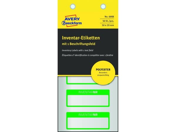 Avery 6908, Sølv, Rektangel, Universell, Polyester, -40 - 150 °C, 50 mm