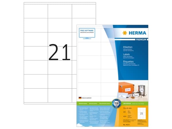 HERMA 4634, Hvit, Rektangel, Permanent, Papir, Matte, Laser/Blekkskriver