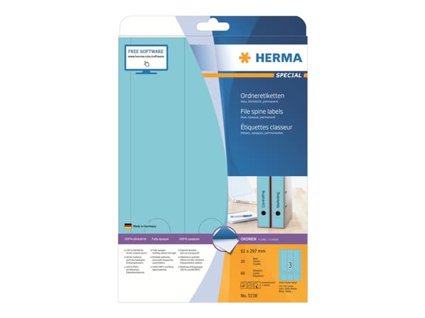 HERMA Special - Papir - matt - permanent selv-adhesiv - blå - 61 x 297 mm 60 etikett(er) (20 ark x 3) opake arkivmappeetiketter