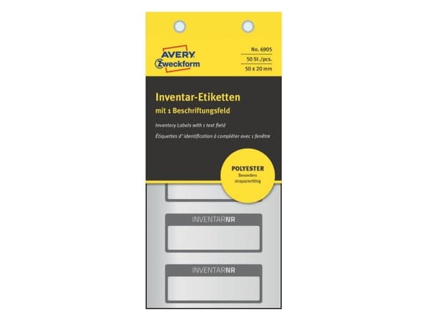 Avery 6905, Metallisk, Hvit, Rektangel, Permanent, Polyester, 50 mm, 20 mm