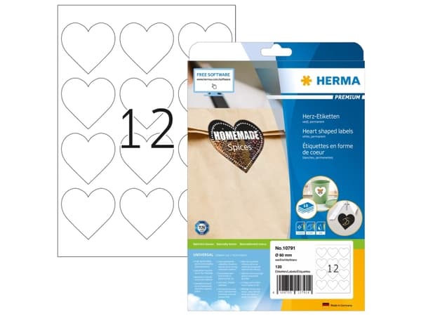 HERMA-sydänetiketit, halkaisija: 60 mm, valkoinen, valmiiksi rei'itetty DIN A4-arkille, paperia, itseliimautuva, - 1 kpl (10791)