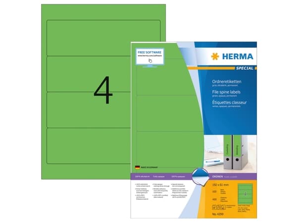 HERMA 4299, Vihreä, Itse kiinnittyvä tulostintarra, A4, Paperi, Laser/Inkjet, Kiinteä