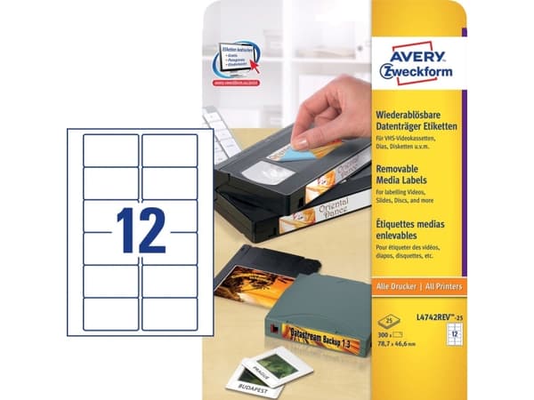Avery L4742REV - Fjernbart adhesiv - hvit - 46.6 x 78.7 mm 300 stk (25 ark x 12) videobåndetiketter