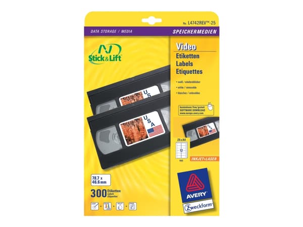 Avery L4742REV - Fjernbart adhesiv - hvit - 46.6 x 78.7 mm 300 stk (25 ark x 12) videobåndetiketter