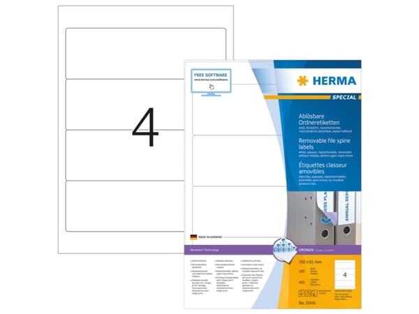 HERMA 10141, Hvit, Avrundet rektangel, Avtagbar, Papir, Matte, Laser/Blekkskriver
