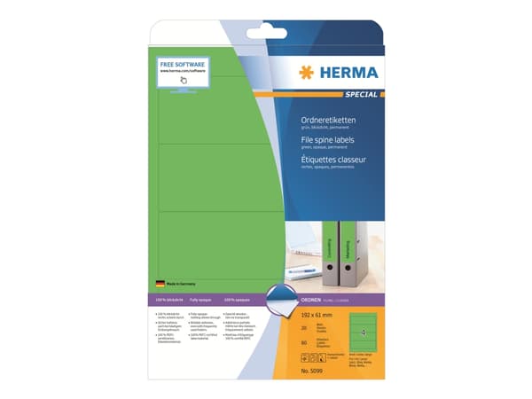 HERMA Special - Papir - matt - permanent selv-adhesiv - perforert - grønn - 192 x 61 mm 80 etikett(er) (20 ark x 4) opake arkivmappeetiketter