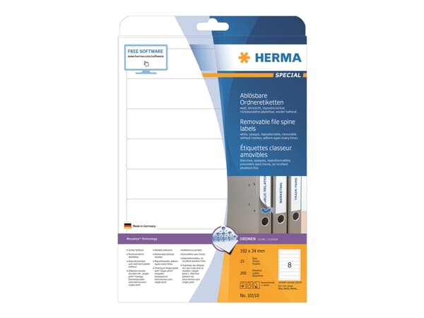 HERMA Special - Papir - matt - fjernbart selv-adhesiv - hvit - 192 x 34 mm 200 etikett(er) (25 ark x 8) opake arkivmappeetiketter