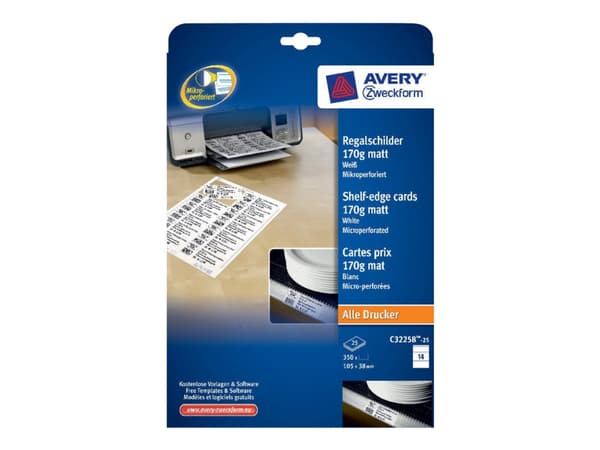 Avery Zweckform C32258-25 - Matt - perforerad - matt vit - 105 x 38 mm - 170 g/m² - 350 kort (25 ark x 14) kort