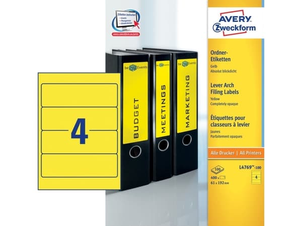 Avery L4769-100, Keltainen, Itse kiinnittyvä tulostintarra, A4, Paperi, Laser/Inkjet, Kiinteä