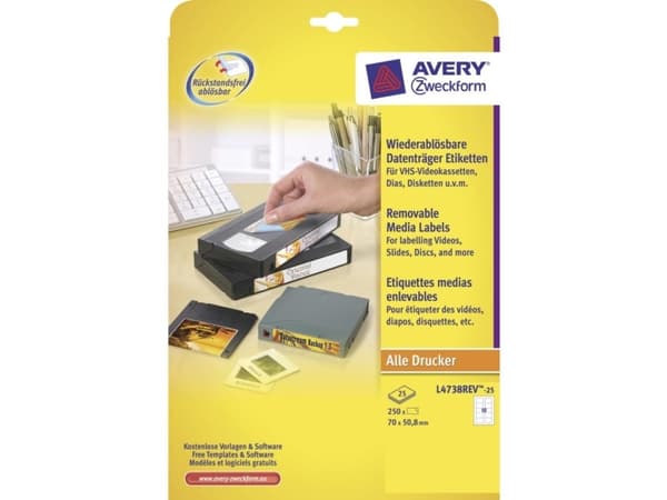 Avery Diskette Labels - Hvit - 70 x 50.8 mm 250 etikett(er) (25 ark x 10) diskettetiketter