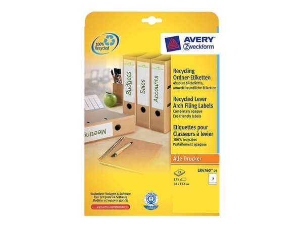 Avery Zweckform LR4760 - Hvit - 38 x 192 mm 175 etikett(er) (25 ark x 7) etiketter for arkivmapper