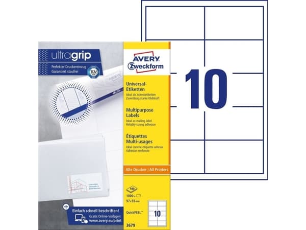 Avery Zweckform QuickPEEL - Hvit - 97 x 55 mm 1000 etikett(er) (100 ark x 10) flerbruks merkelapper