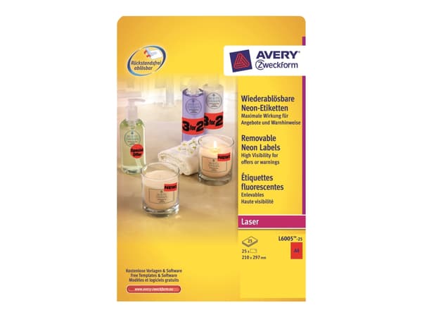 Avery Zweckform L6005 - Permanet adhesiv - selvlysende rød - A4 (210 x 297 mm) 25 etikett(er) 1) merkelapper