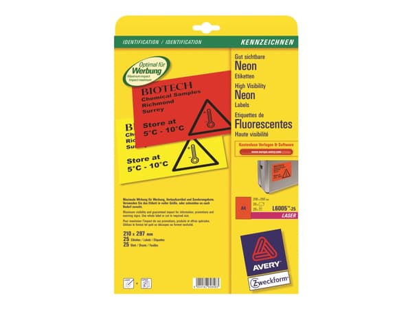 Avery Zweckform L6005 - Permanet adhesiv - selvlysende rød - A4 (210 x 297 mm) 25 etikett(er) 1) merkelapper
