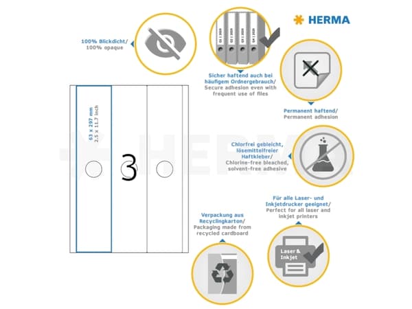 HERMA 5167, Vit, Rundad rektangel, Permanent, A4, papper, Matt