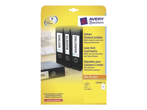 Avery Laser+ - Hvit - 54 x 190 mm - 170 g/m² - 125 stk (25 ark x 5) filmappeetiketter