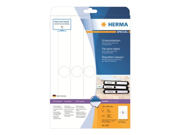 HERMA Special - Papper - matt - permanent självhäftande - perforerad - vit - 34 x 297 mm 125 etikett (er) (25 ark x 5) ogenomskinliga pärmetiketter