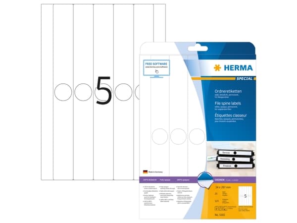 HERMA Special - Papper - matt - permanent självhäftande - perforerad - vit - 34 x 297 mm 125 etikett (er) (25 ark x 5) ogenomskinliga pärmetiketter