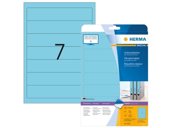 HERMA 5093, Blå, Selvklebende skriveretikett, A4, Papir, Laser/Blekkskriver, Permanent