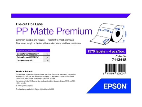Epson Premium - Polypropylen (PP) - matt - permanent akryl-adhesiv - 102 x 76 mm 6280 etikett(er) (4 rull(er) x 1570) stanseskårne etiketter