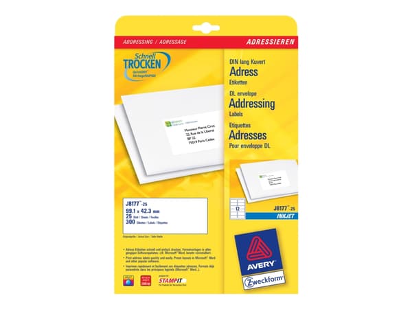Avery Zweckform J8177 - Vit - 42.3 x 99.1 mm 300 etikett (er) (25 ark x 12) adresslappar