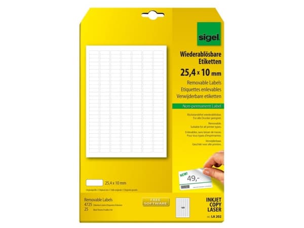 Sigel LA202, Hvit, Avrundet rektangel, Avtakbar, 25,4 x 10 mm, A4 (210x297 mm), Universal