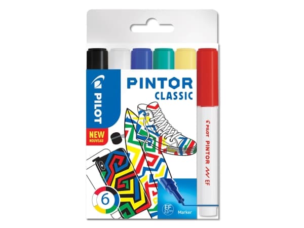 Pilot Pintor Classic, 6 styck, Svart, Blå, Grön, Röd, Vit, Gul, Fin spets, Blandade färger, Rund, 2,3 mm