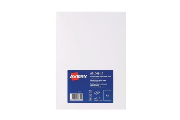 Avery A3L001-10, Hvit, Selvklebende skriveretikett, A3, Papir, Universell, Avtagbar