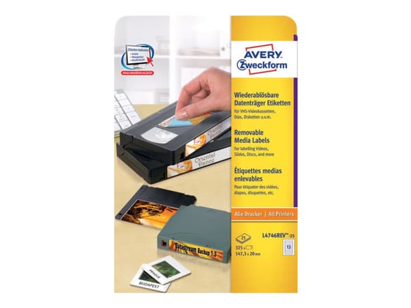 Avery L4746REV - Fjernbart adhesiv - hvit - 20 x 147.3 mm 325 stk (25 ark x 13) videobåndetiketter