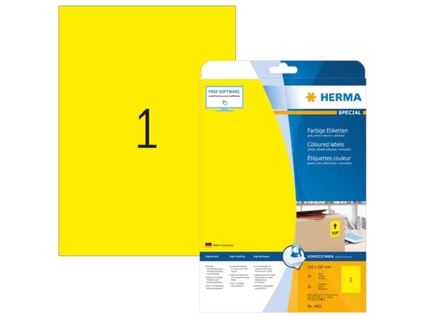 HERMA 4421, Gult, Selvklebende skriveretikett, A4, Papir, Laser/Blekkskriver, Avtagbar