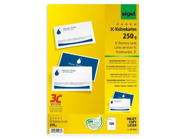 Sigel Business Card 3C LP853 - Käyntikortit - kirkkaan valkoinen - 85 x 55 mm - 250 g/m2 - 100 korttia (10 arkkia x 10) (LP853)