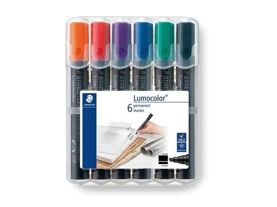 Staedtler Lumocolor, Svart, Blå, Grön, Röd, Violett, Gul, Mejselspets, Polypropylen (PP), 2 mm, 5 mm, 6 styck