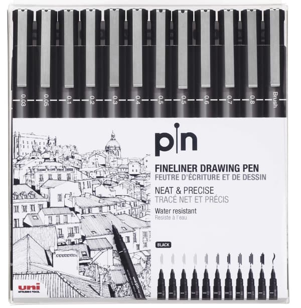 Uni pin 12 stk etui black