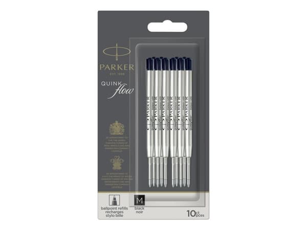 Parker Quinkflow, Svart, Medium, Svart, Silver, Kulspetspenna, Blåsa, 10 styck