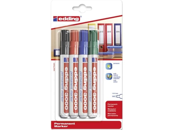 edding 3000 - Markør - permanent - svart, rød, blå, grønn - 1.5-3 mm (en pakke 4)