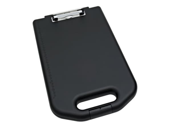 WEDO clipboard, med förvaringsfack, svart, tillverkad av brottfast plast, med metallklämma, med hållare (57 6001)